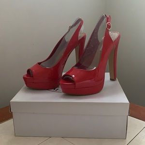 Steve Madden- Rivall Red Patent Open Toed Heels